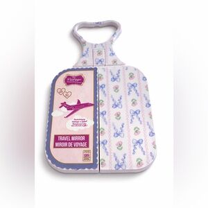 Travel Hand Mirror with Pastel Blue Bow & Pink Floral Pattern